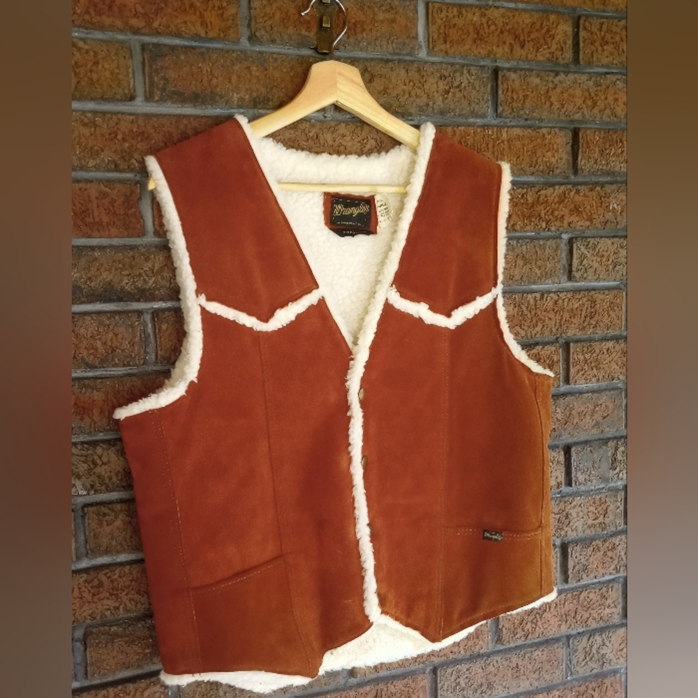 VTG Wrangler LEATHER Suede Vest | Orange Rust Brown | White Shearling Vintage